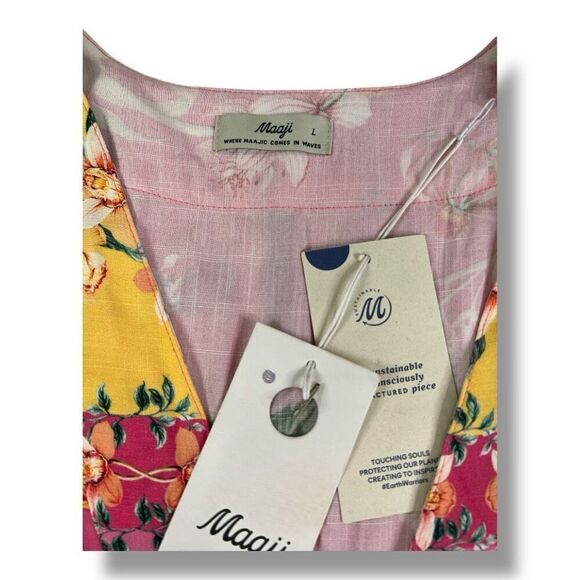 Maaji Botany Joy Kaftan Floral Pink Yellow Dress Bell Sleeve Size Large - Picture 3 of 8